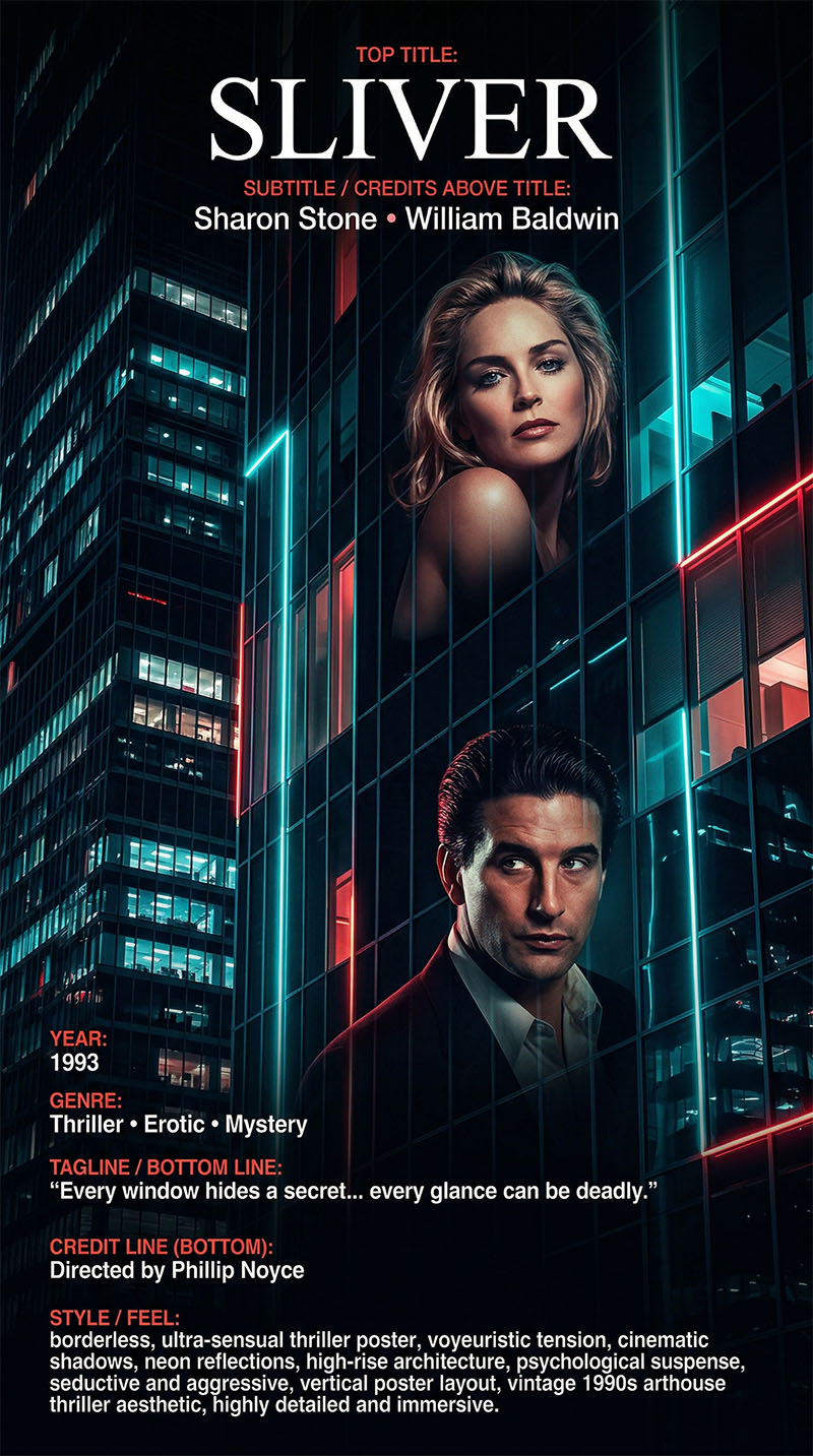 Sliver 1993 Phillip Noyce erotic thriller starring Sharon Stone and William Baldwin